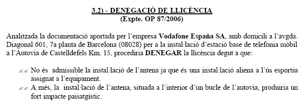 Extracte de l'Acta de la Junta de Govern Local de l'Ajuntament de Gavà on es denega el permís a VODAFONE per instal·lar una estació base de telefonia mòbil a Gavà Mar (12 de Febrer de 2008)